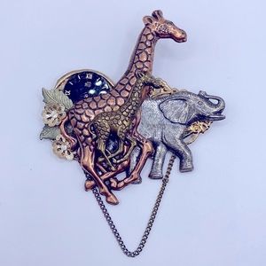 Large Vintage Mixed Metal Safari Brooch - Giraffe & Elephant Steampunk Pin